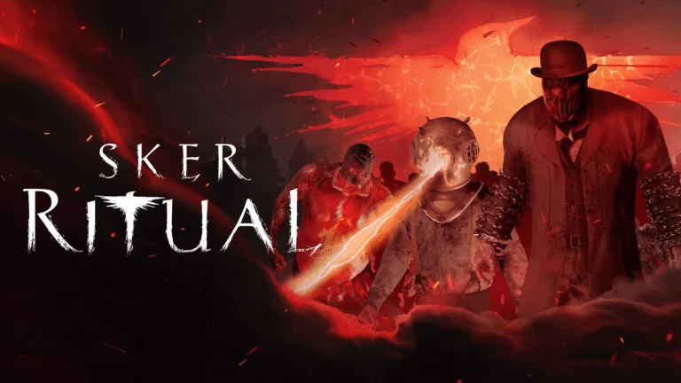 Arte oficial de Sker Ritual com criaturas mascaradas e o logotipo do jogo sobre fundo vermelho