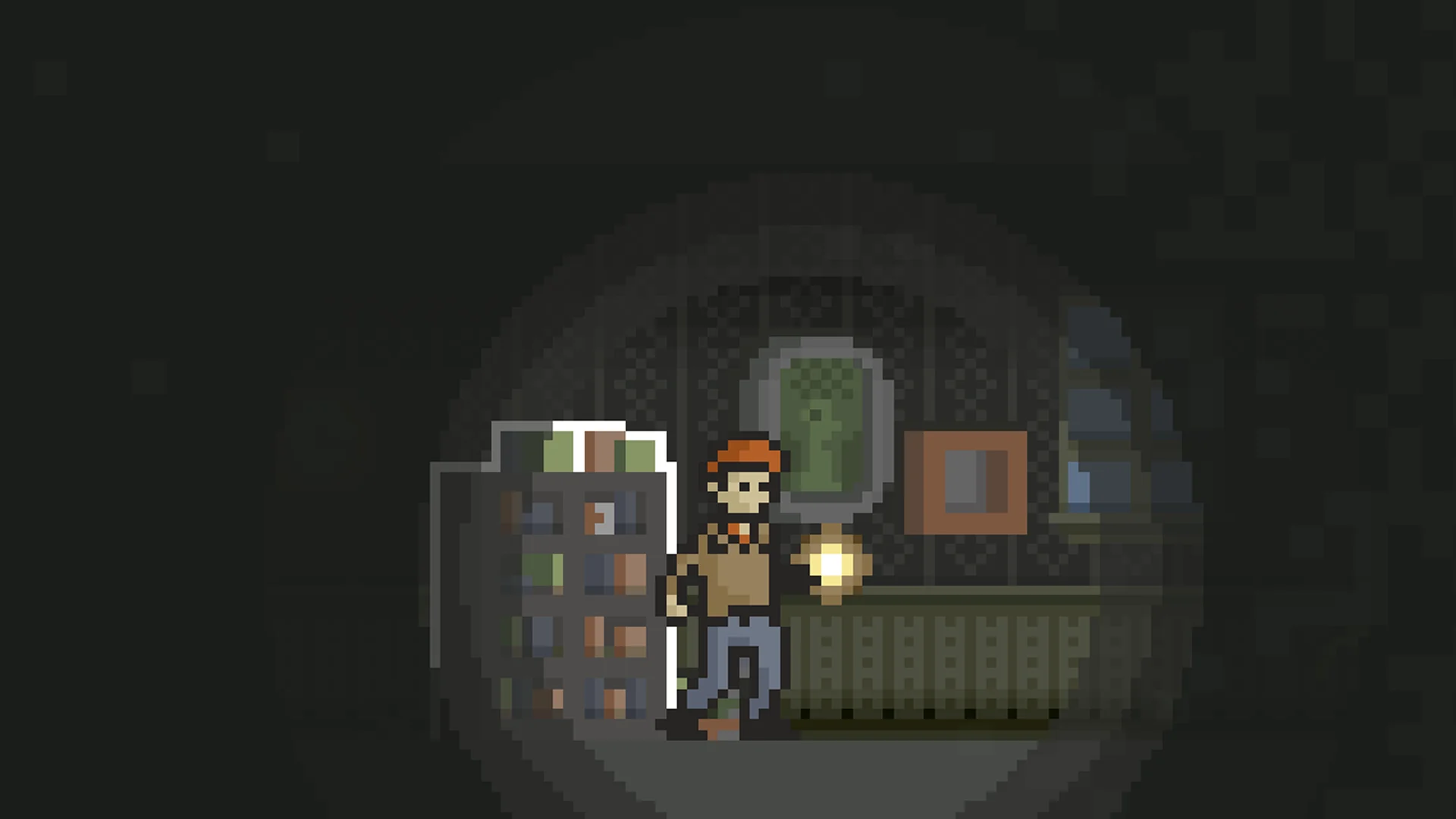 Personagem com uma lanterna em um ambiente escuro de Home – A Unique Horror Adventure, em pixel art
