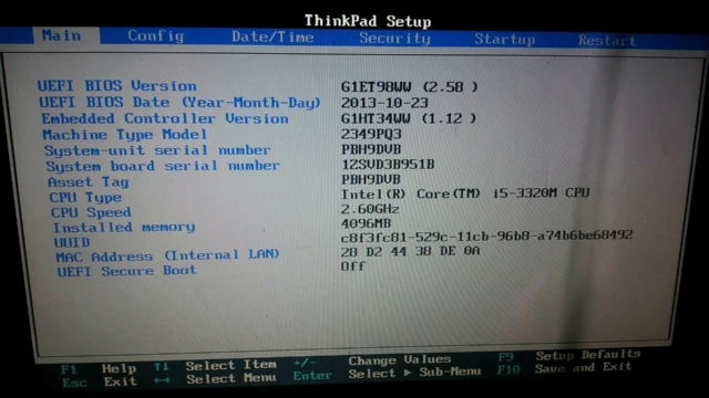 Tela do firmware de um notebook Lenovo ThinkPad