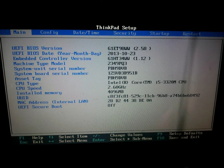 Tela do firmware de um notebook Lenovo ThinkPad