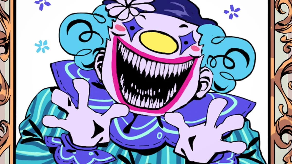 Palhaço de dentes afiados na arte de Exhibit of Sorrows, jogo de terror do Poki