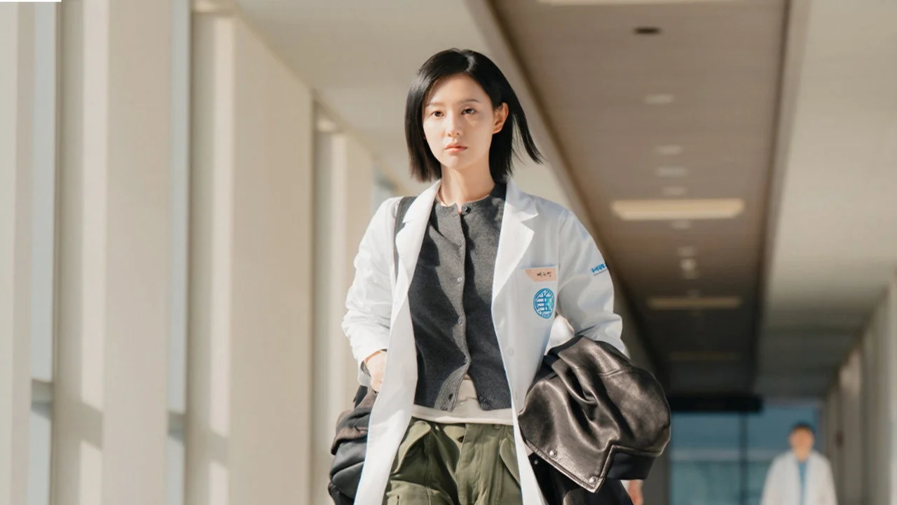 Kim Ji-won como Gye Su-jeong caminhando por um corredor de hospital em Doctor X