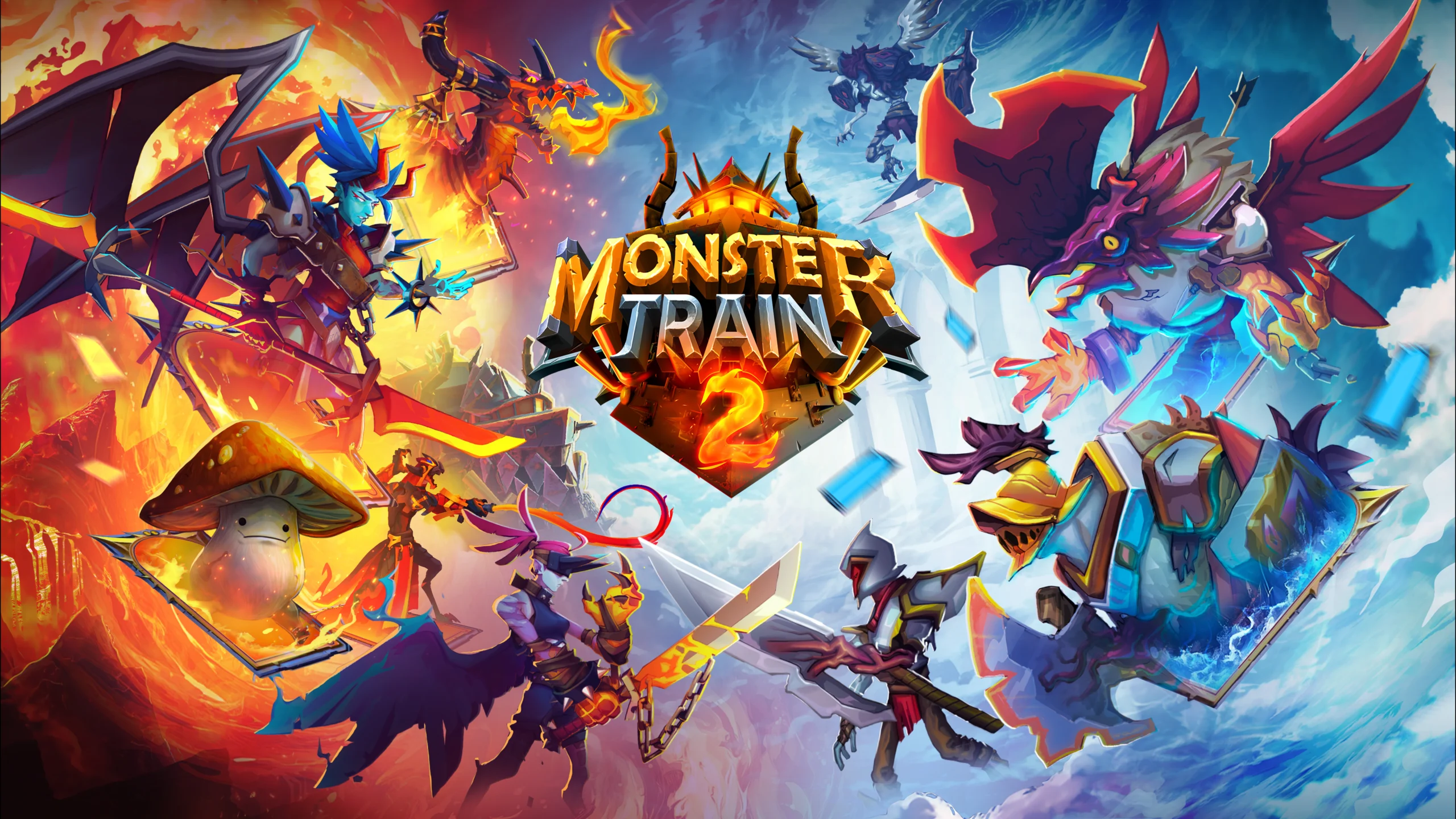 Arte oficial de Monster Train 2 com criaturas fantásticas em confronto entre cenários de fogo e gelo
