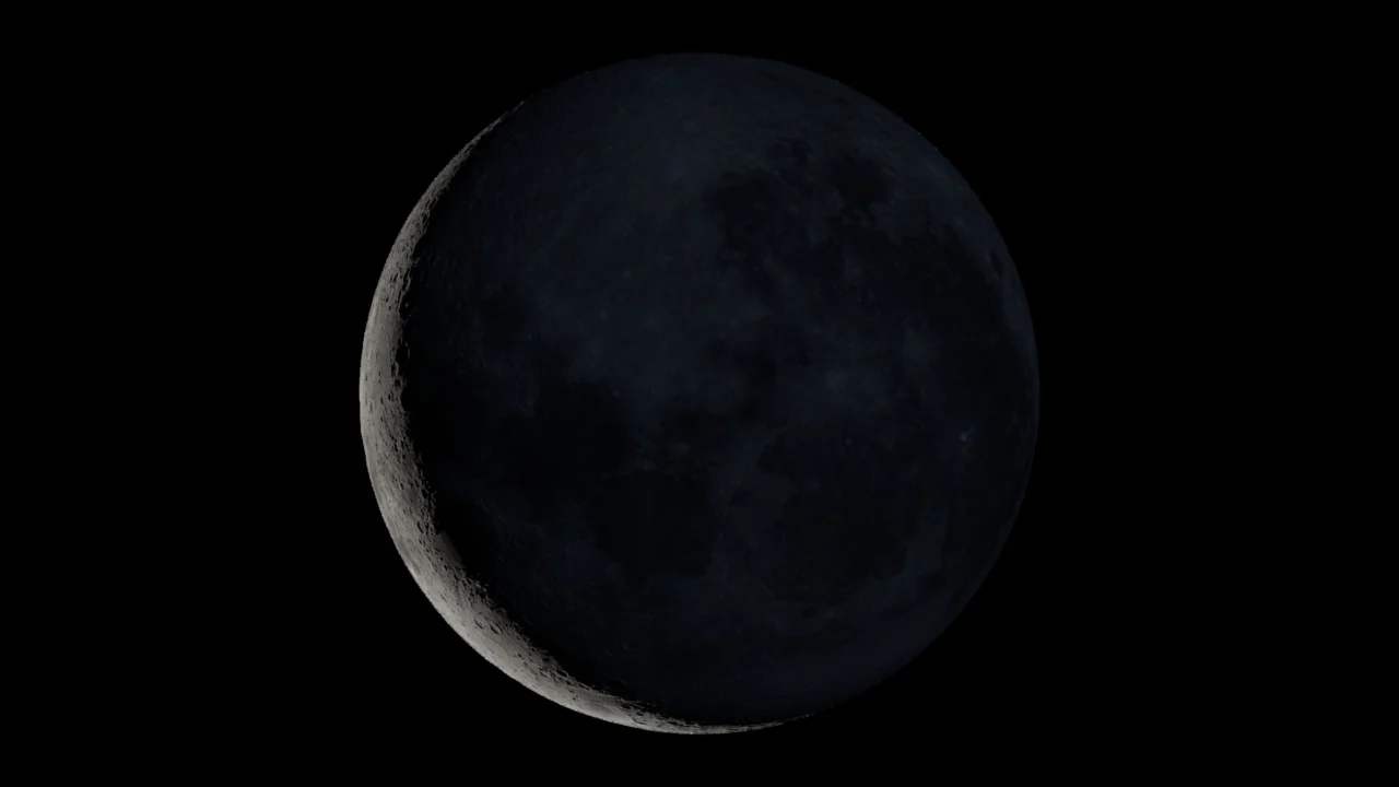 Visualização científica da Lua em 13 de outubro de 2026, às 06h00 de Brasília, com o sul lunar para cima e iluminação na etapa crescente