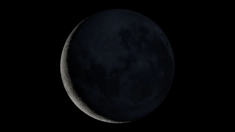 Visualização científica da Lua em 13 de outubro de 2026, às 06h00 de Brasília, com o sul lunar para cima e iluminação na etapa crescente