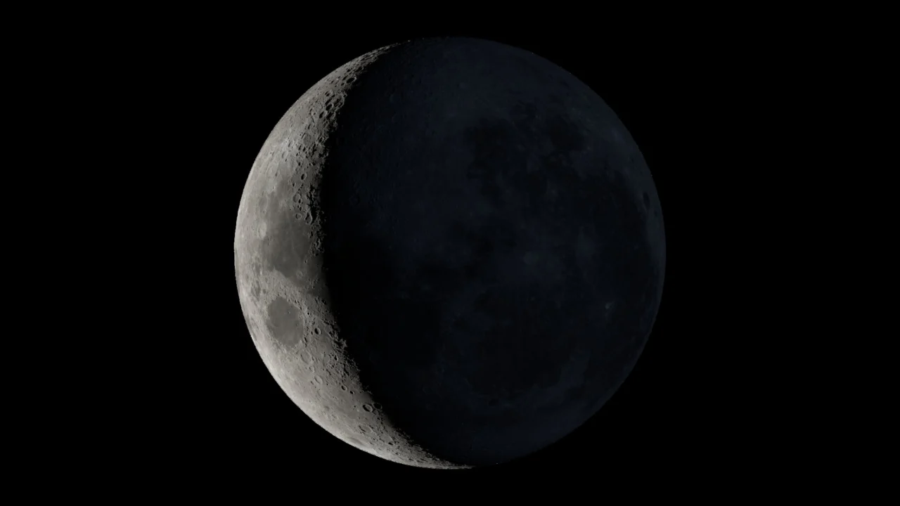 Visualização científica da Lua em 15 de outubro de 2026, às 06h00 de Brasília, com o sul lunar para cima e iluminação na etapa crescente