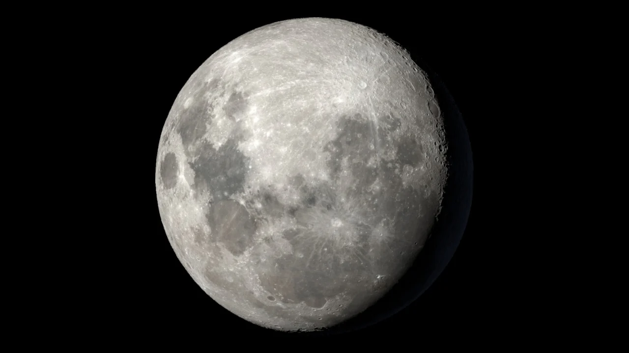 Visualização científica da Lua em 23 de outubro de 2026, às 06h00 de Brasília, com o sul lunar para cima e iluminação na etapa gibosa crescente