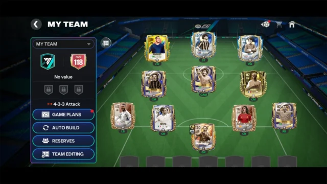Escalação de um time na formação 4-3-3 Attack no FC Mobile