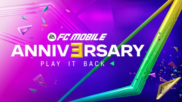 Arte de divulgação de evento de aniversário do FC Mobile em verde e roxo