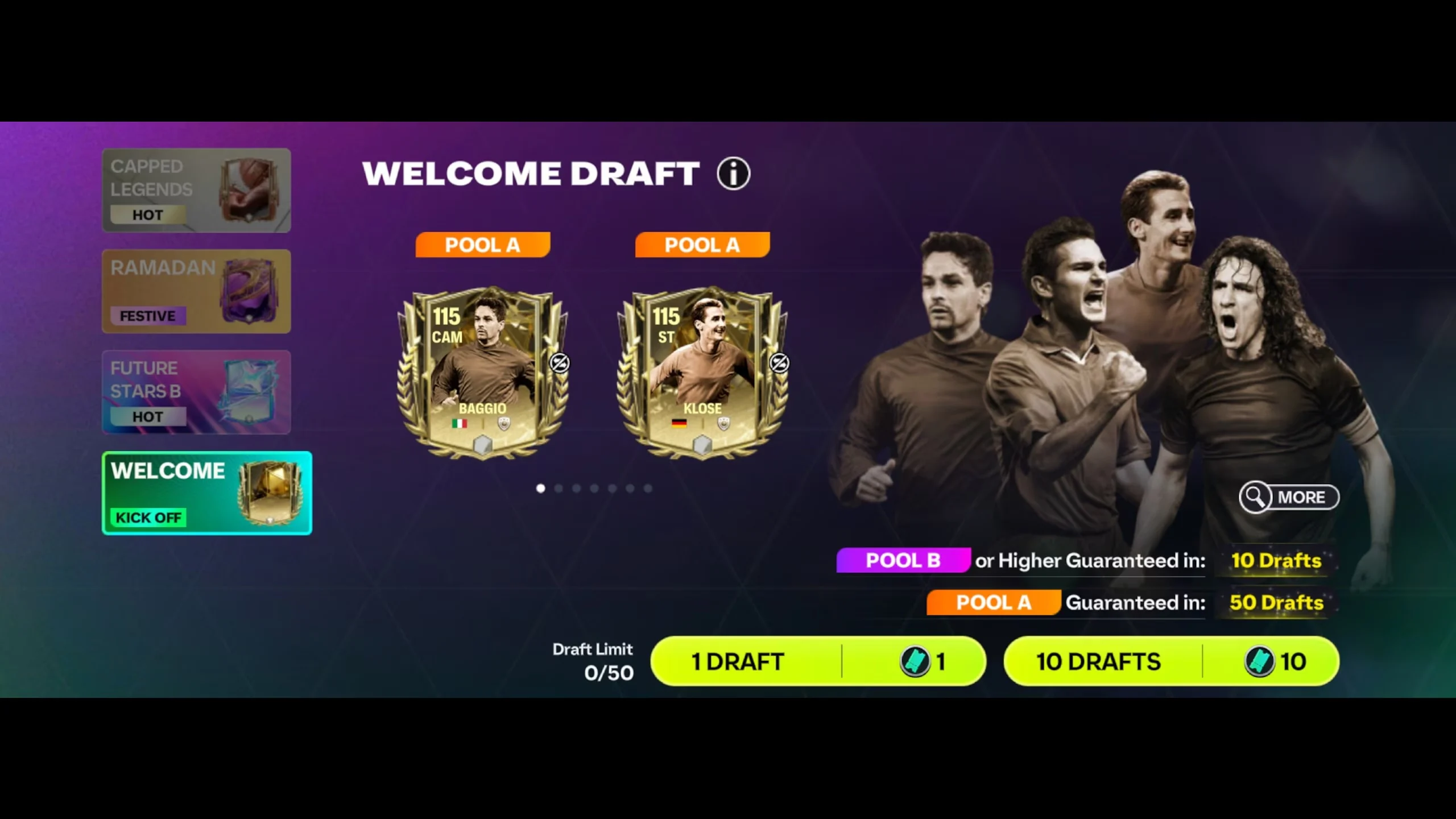Menu oficial de Drafts do FC Mobile com grupos de atletas e opções de recompensas.