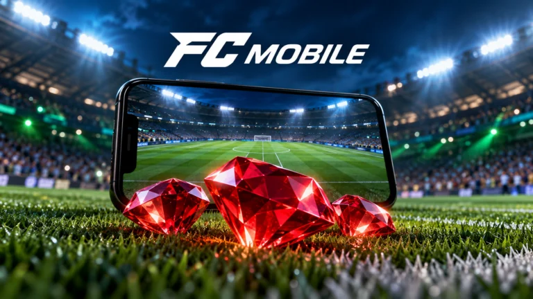 Ilustração de joias vermelhas diante de um celular e de um estádio, representando gemas no FC Mobile.