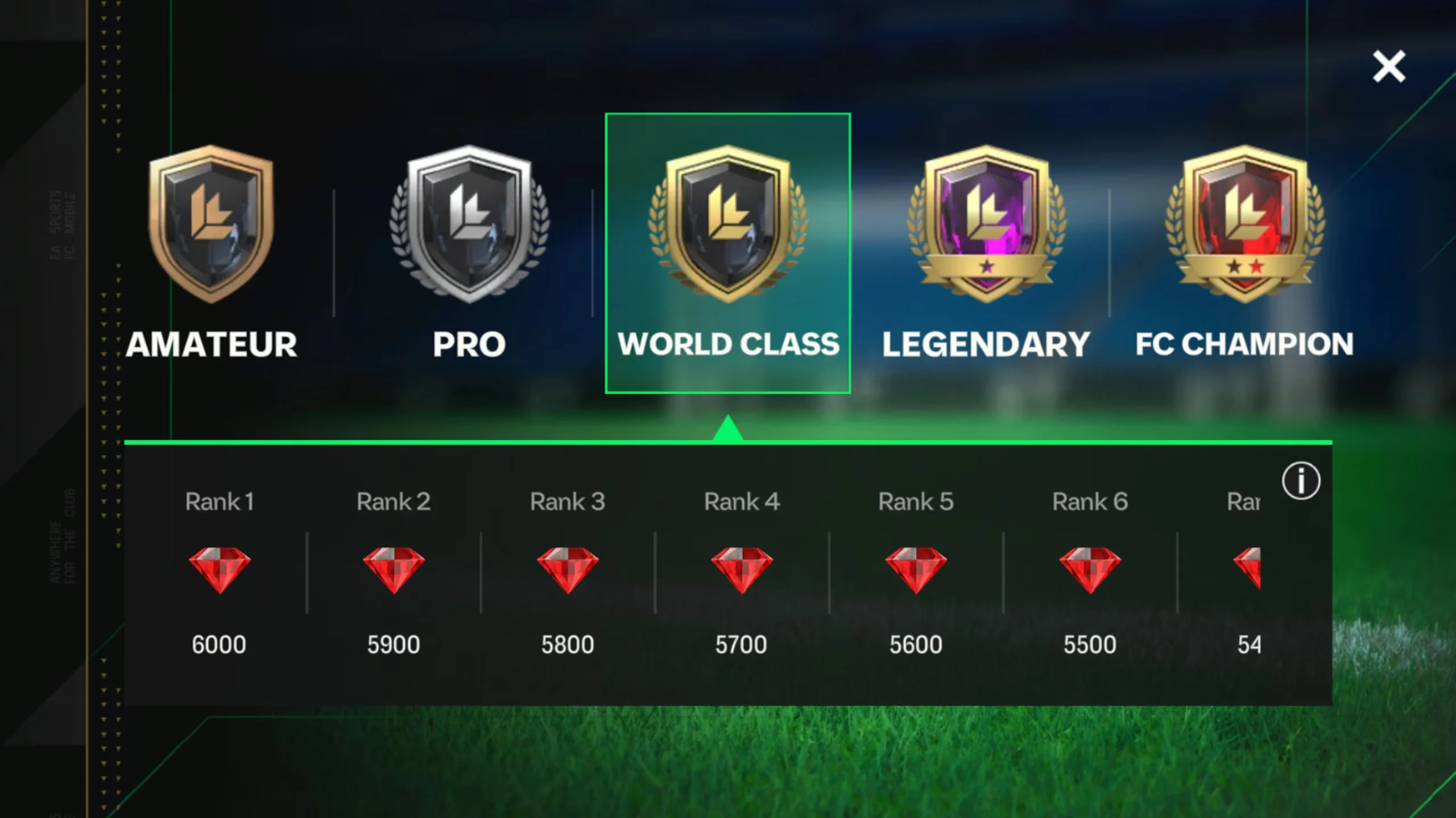 Cinco divisões das ligas do FC Mobile acompanhadas de recompensas em Joias.