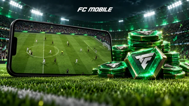 Ilustração de celular em um estádio de futebol ao lado de fichas verdes, representando FC Points no FC Mobile.
