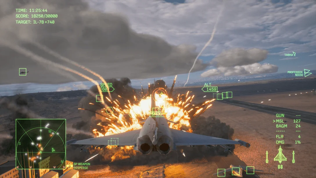 Caça destruindo instalações terrestres em Annihilation Battle de ACE COMBAT 8