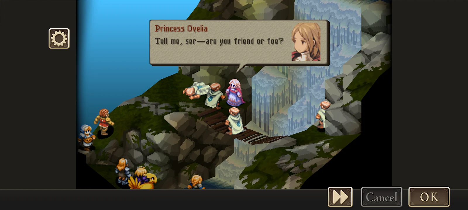 Batalha isométrica de Final Fantasy Tactics The War of the Lions, com personagens posicionados em terreno rochoso e menus de comandos na tela