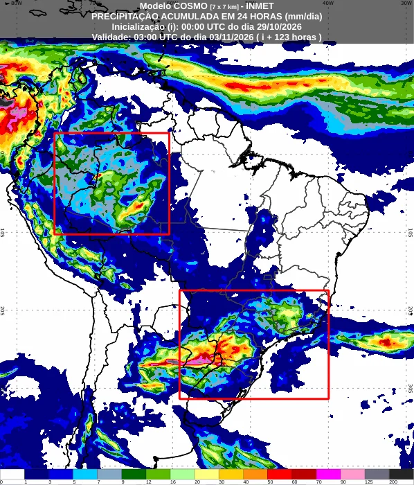 Mapa do Inmet com a previsão de chuva acumulada em 24 horas para segunda-feira, 2 de novembro de 2026, no Brasil