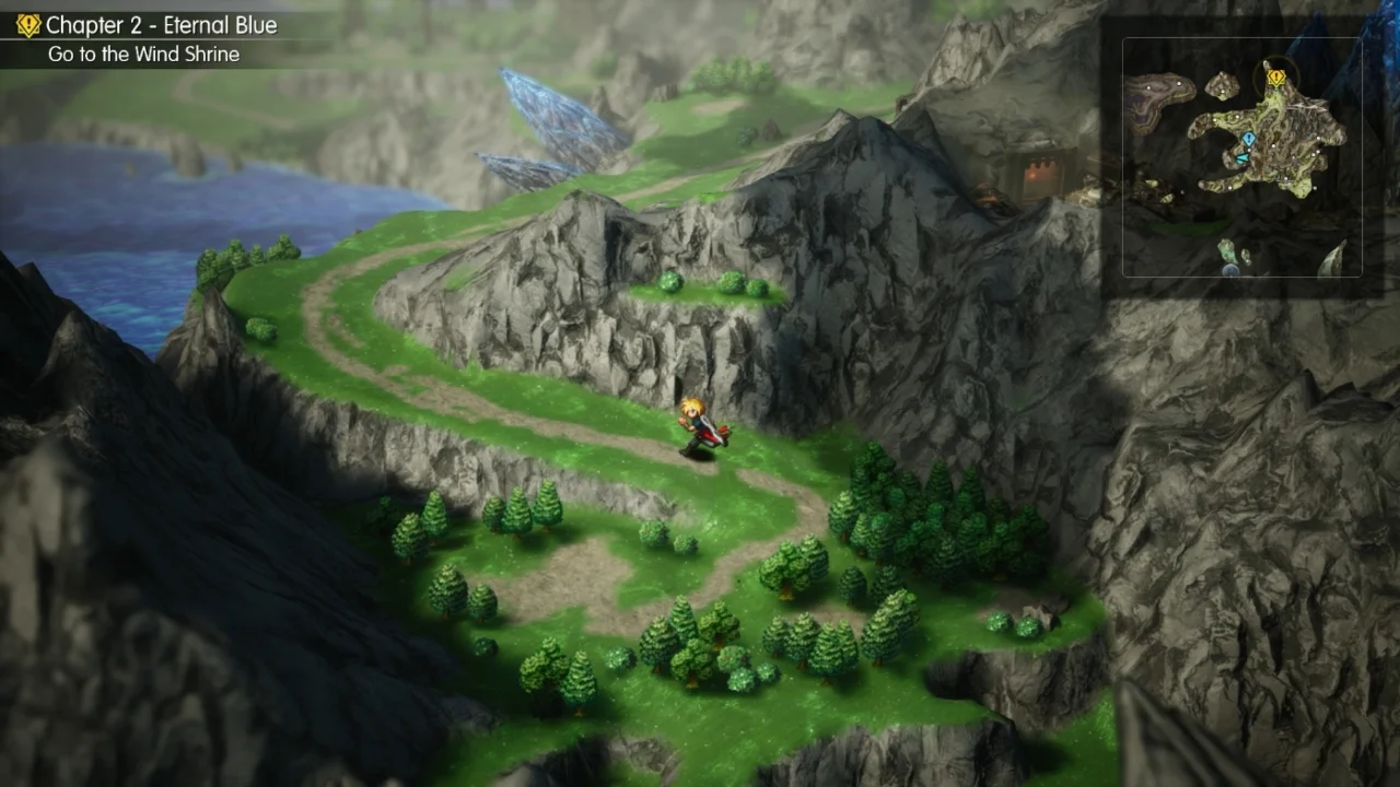 Personagem de Final Fantasy Resonance explora cenário HD-2D