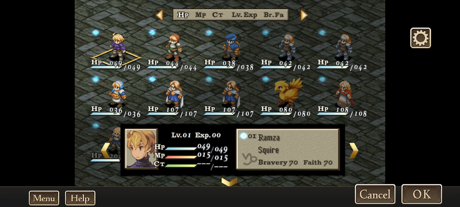 Tela de gerenciamento de personagens de Final Fantasy Tactics The War of the Lions para dispositivos móveis, com unidades organizadas em formação tática