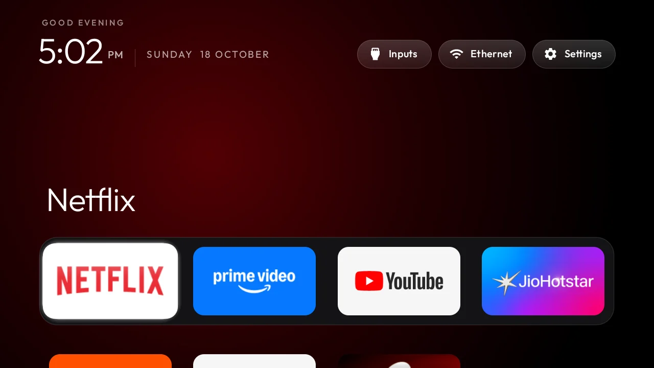 Exemplo de tela inicial minimalista do CleanYourTV, com aplicativos Netflix, Prime Video e YouTube e sem linha de recomendações