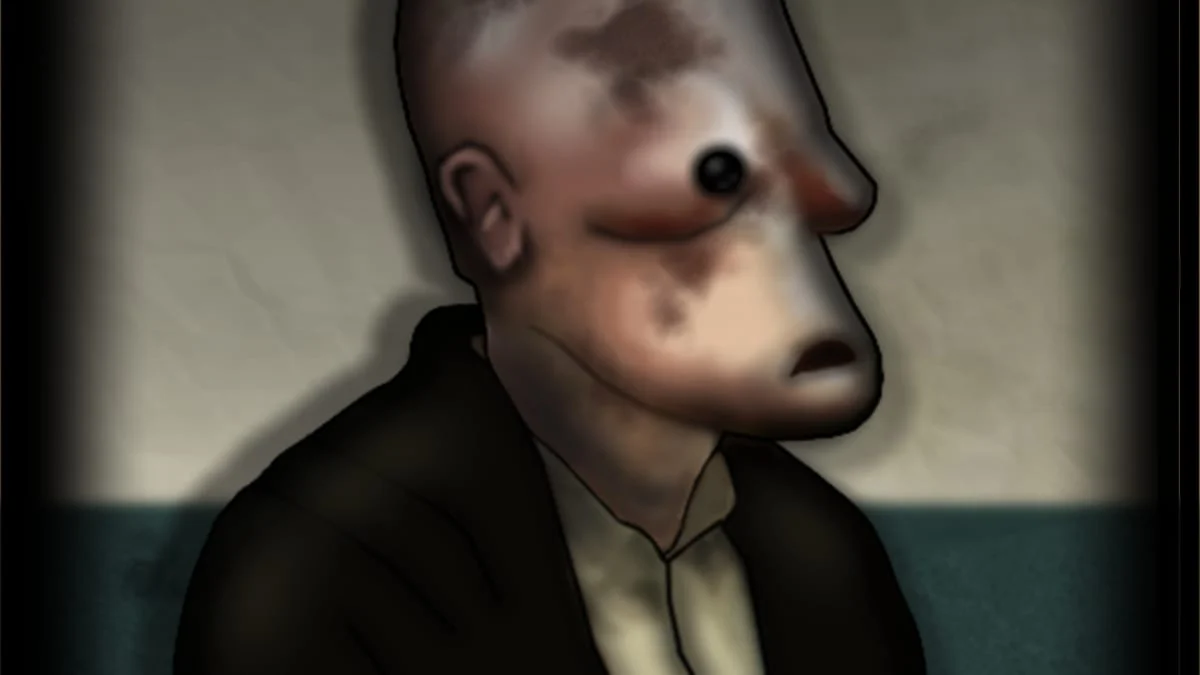 Personagem deformado de terno na arte de Forgotten Hill: Surgery, no Poki