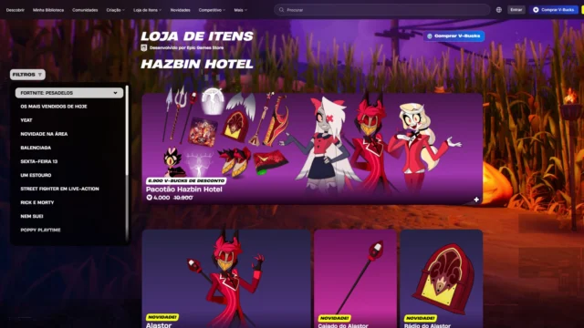 Loja oficial do Fortnite com o Pacotão Hazbin Hotel e Alastor, Vagatha e Charlie Morningstar em 17 de outubro de 2026