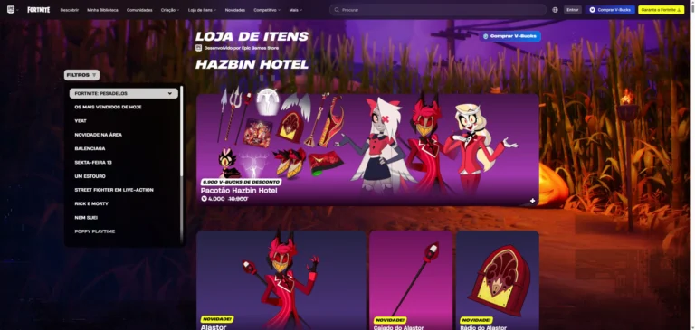 Loja oficial do Fortnite com o Pacotão Hazbin Hotel e Alastor, Vagatha e Charlie Morningstar em 17 de outubro de 2026
