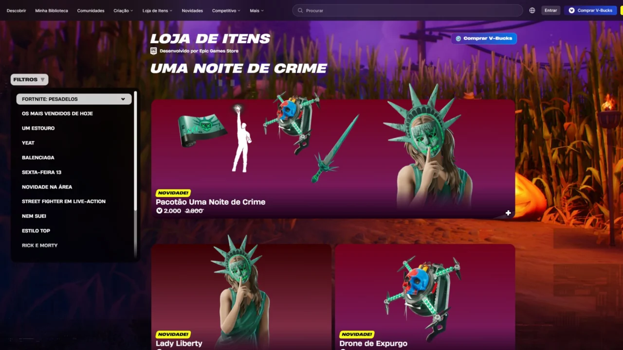 Pacotão Uma Noite de Crime com Lady Liberty na loja do Fortnite em 18 de outubro de 2026