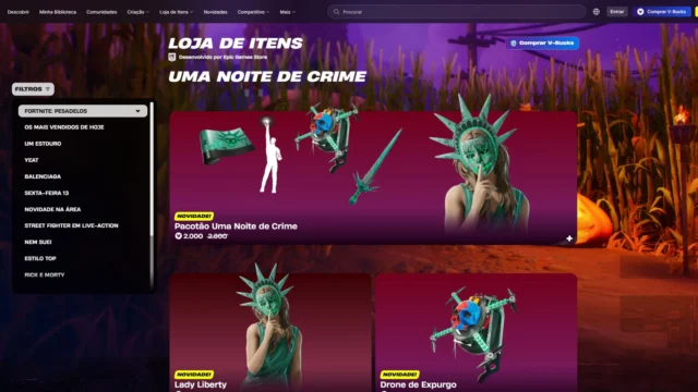 Pacotão Uma Noite de Crime com Lady Liberty na loja do Fortnite em 18 de outubro de 2026