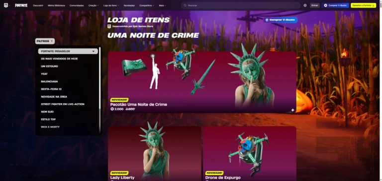 Pacotão Uma Noite de Crime com Lady Liberty na loja do Fortnite em 18 de outubro de 2026