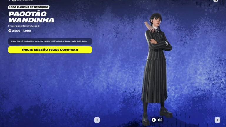 Wandinha Addams na oferta oficial do Pacotão Wandinha, por 2.500 V-Bucks, na loja do Fortnite.