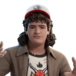 Dustin Henderson com boné e camiseta do Hellfire Club na imagem oficial do Fortnite