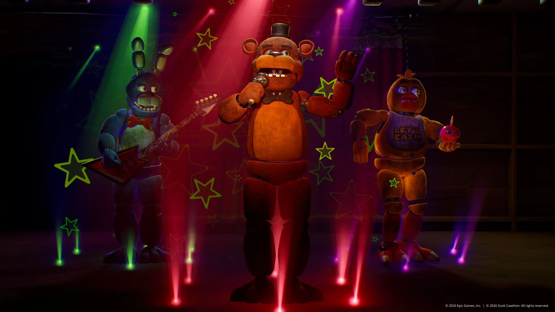 Bonnie, Freddy Fazbear e Chica em um palco no Fortnite