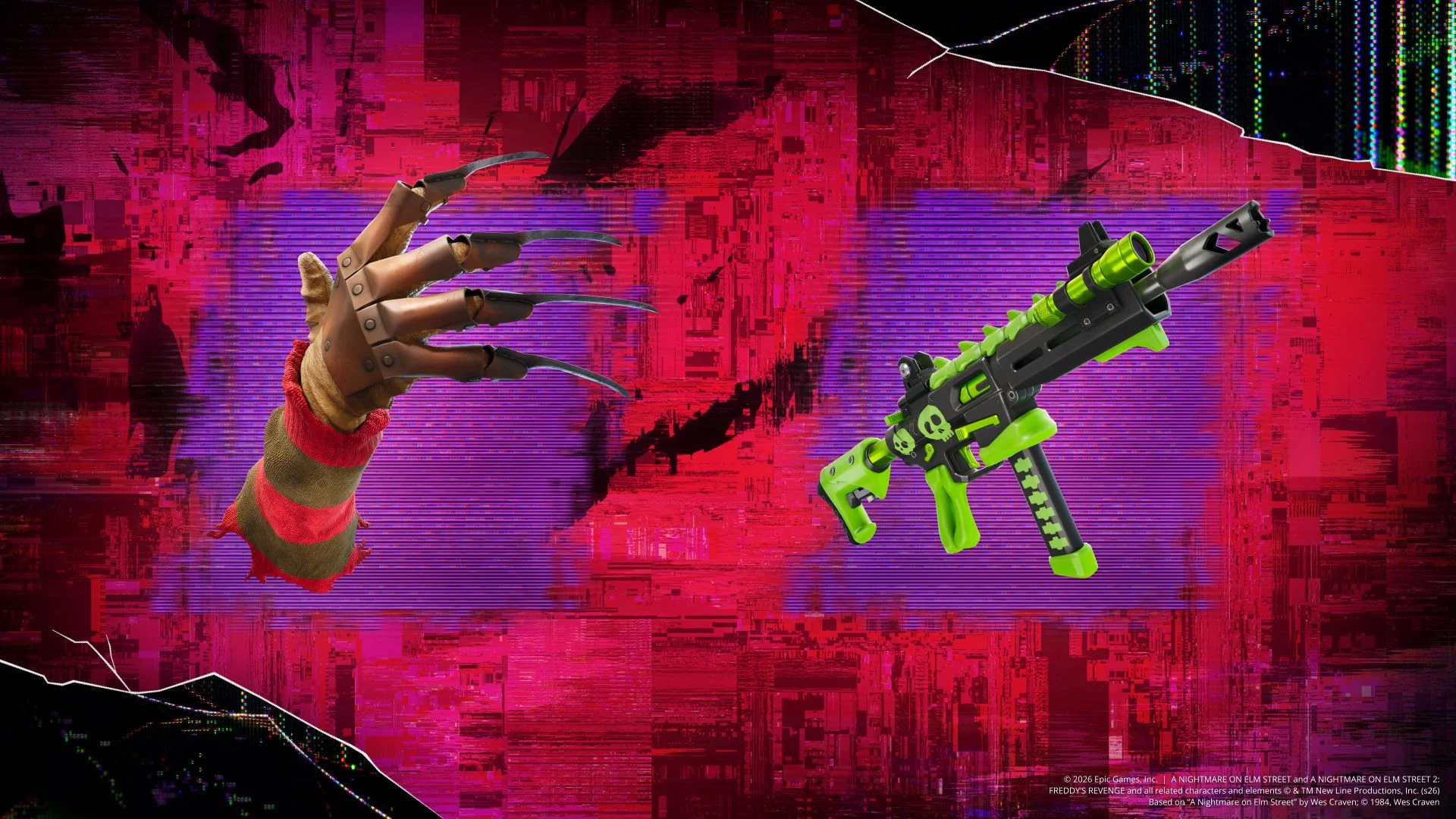 Garras do Pesadelo de Freddy e SMG Quebra-ossos em uma arte promocional do Fortnite