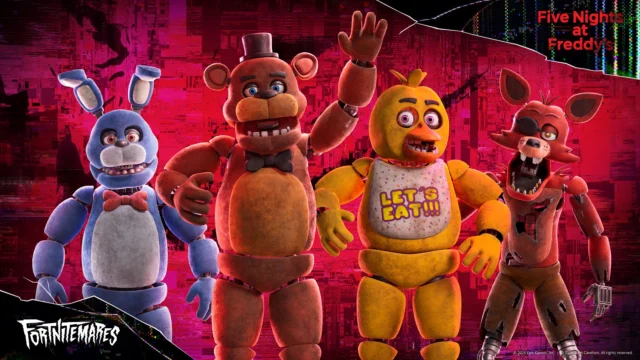 Bonnie, Freddy Fazbear, Chica e Foxy na arte de Fortnite: Pesadelos 2026