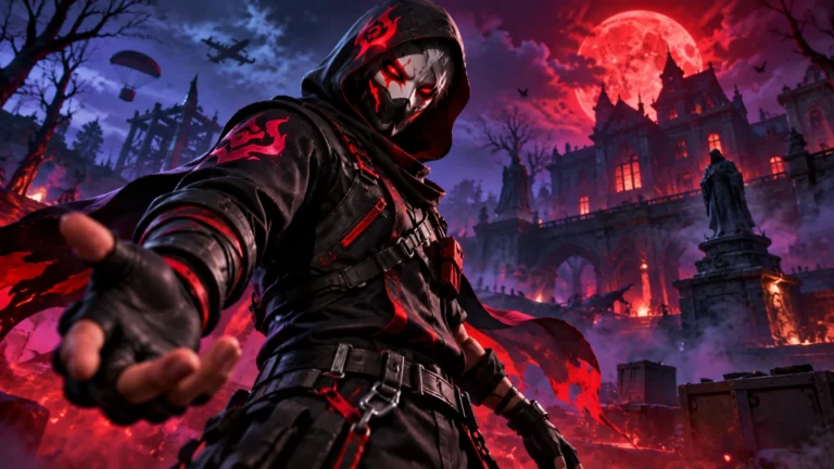 Personagem encapuzado com máscara branca e roupa preta com detalhes vermelhos diante de uma mansão sob lua vermelha, em arte ilustrativa do evento de Halloween do Free Fire