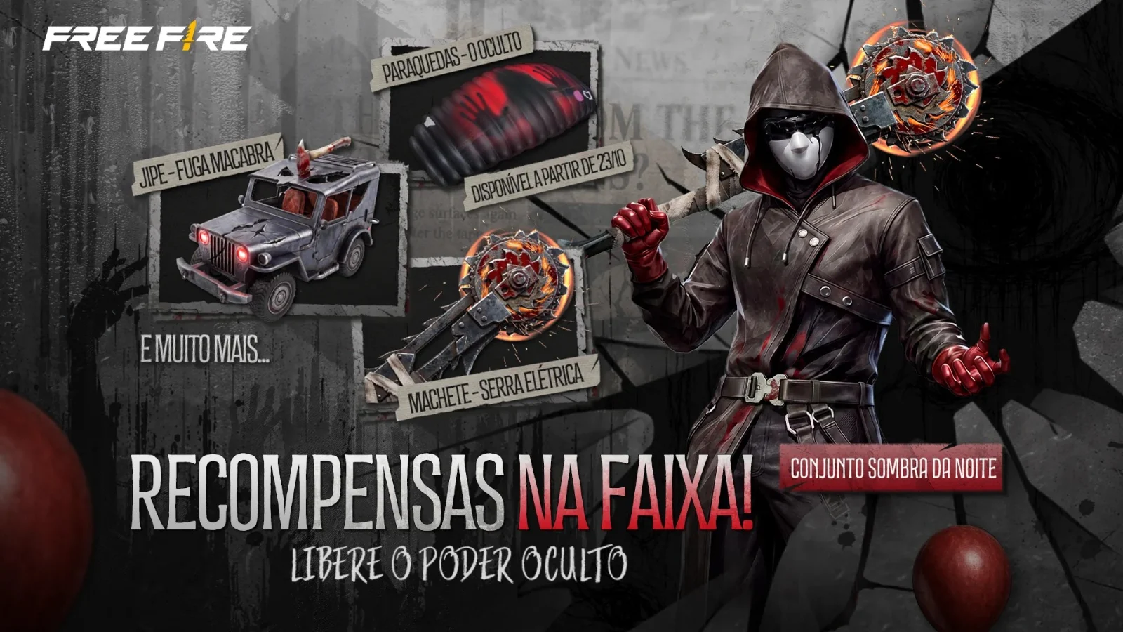 Arte oficial do evento O Oculto do Free Fire com o Conjunto Sombra da Noite, o Jipe Fuga Macabra, a Machete Serra Elétrica e o paraquedas do evento