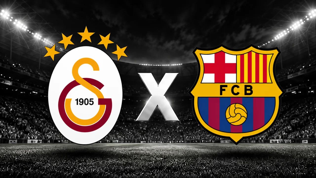 Escudos de Galatasaray e Barcelona separados por um X em um estádio iluminado.