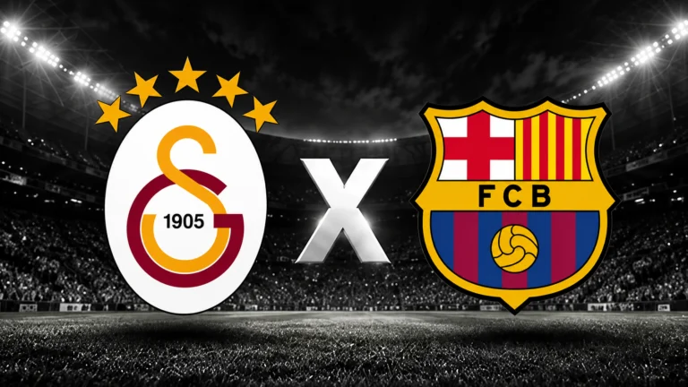 Escudos de Galatasaray e Barcelona separados por um X em um estádio iluminado.