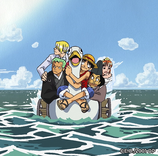 Luffy, Zoro, Sanji, Nami e Usopp reunidos durante uma aventura marítima em One Piece Aventura na Ilha Espiral