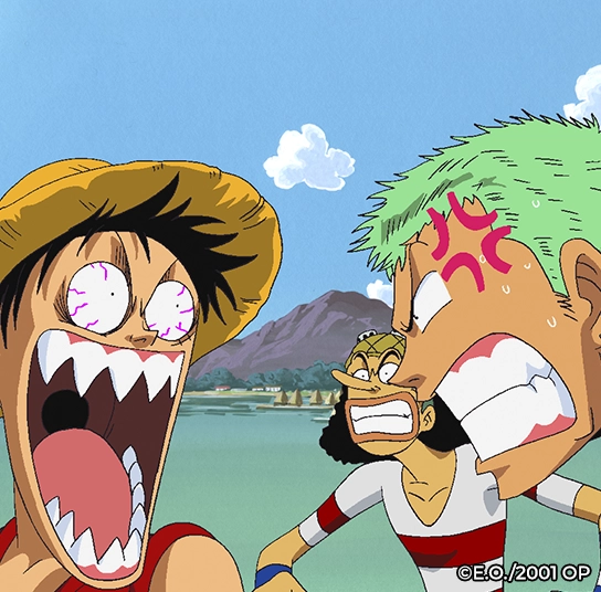 Luffy e Zoro aparecem irritados em cena do segundo filme de One Piece lançado em 2001