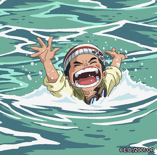 Personagem dos Irmãos Ladrões cai na água durante cena do filme One Piece Aventura na Ilha Espiral