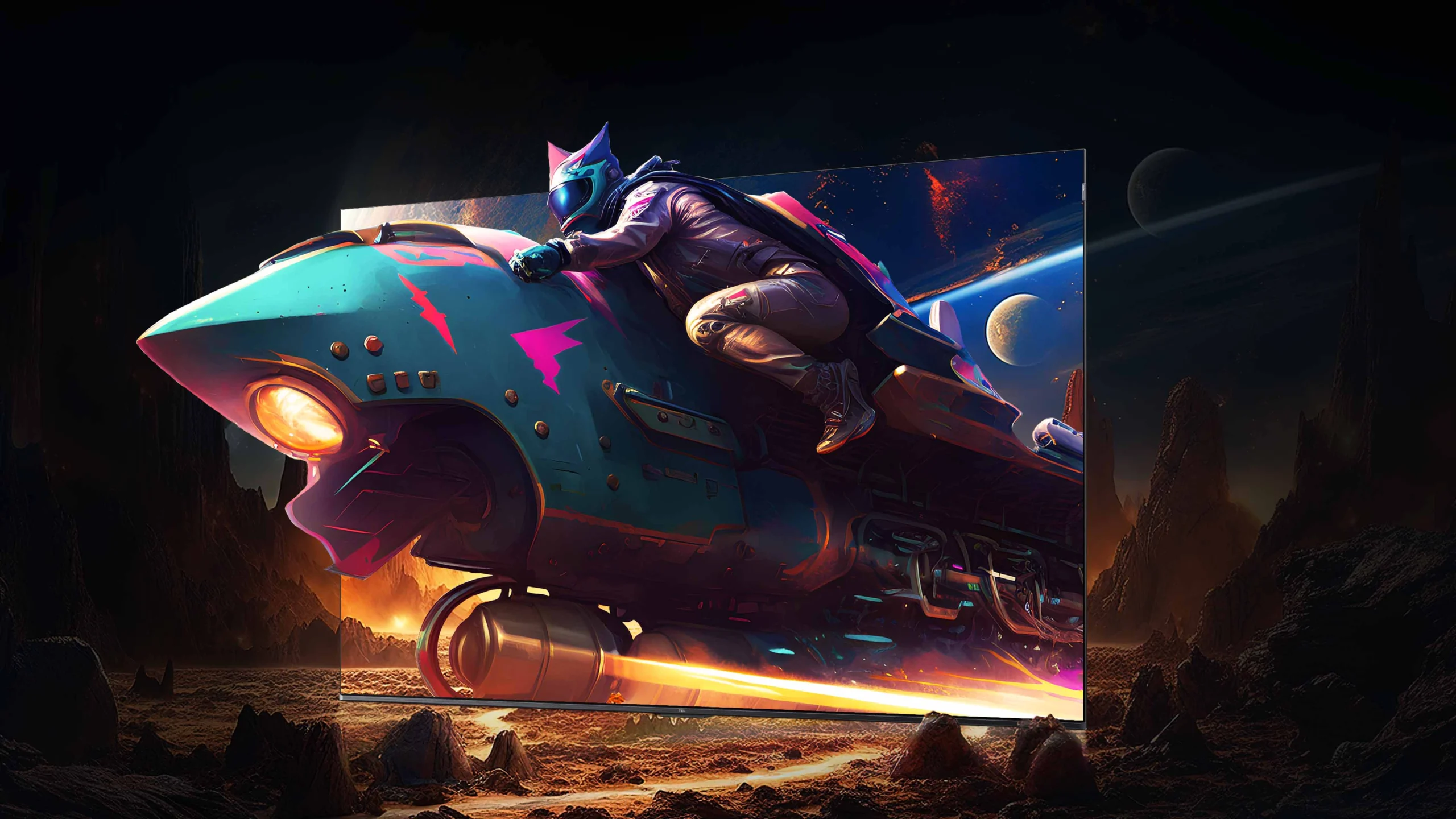 Arte promocional dos recursos de jogos da TCL P8K, com um motociclista futurista e uma televisão