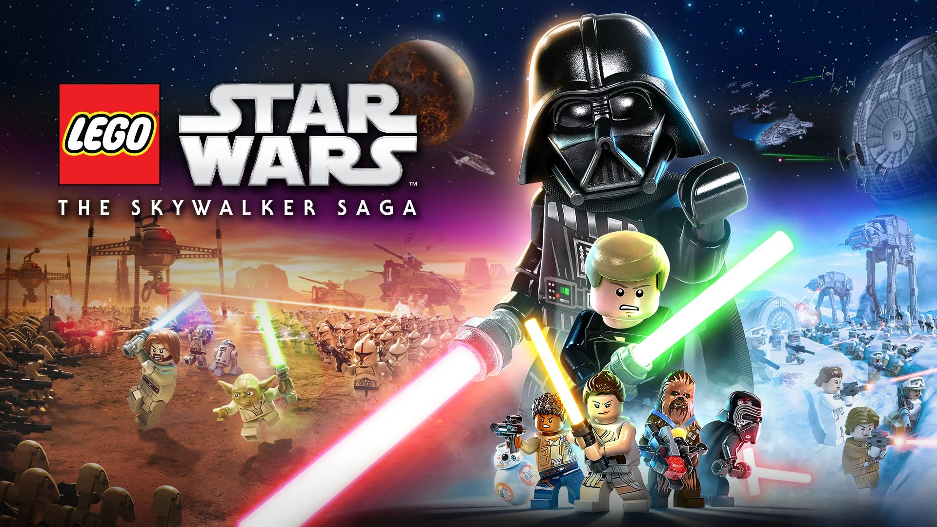 Arte de LEGO Star Wars The Skywalker Saga com personagens de Star Wars em versão LEGO e batalhas com sabres de luz