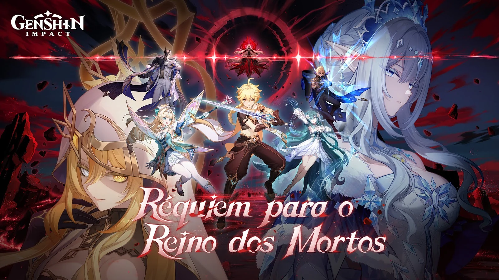Arte promocional de Genshin Impact com personagens do RPG da HoYoverse