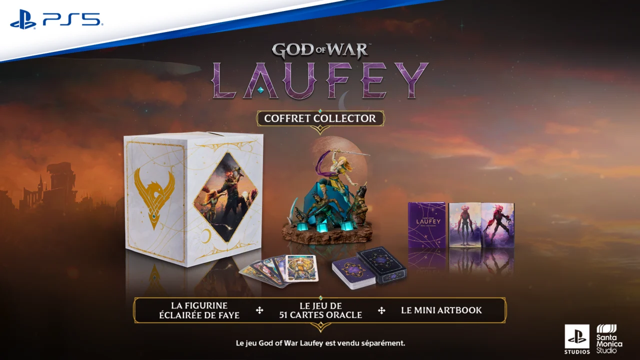 Caixa de colecionador de God of War Laufey com estátua iluminada de Faye, baralho de 51 cartas de Oráculo e mini-livro de arte