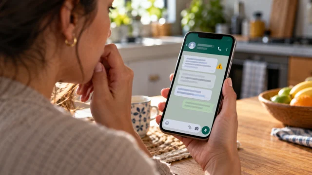 Pessoa observa uma mensagem suspeita em um celular com interface ilustrativa de conversa