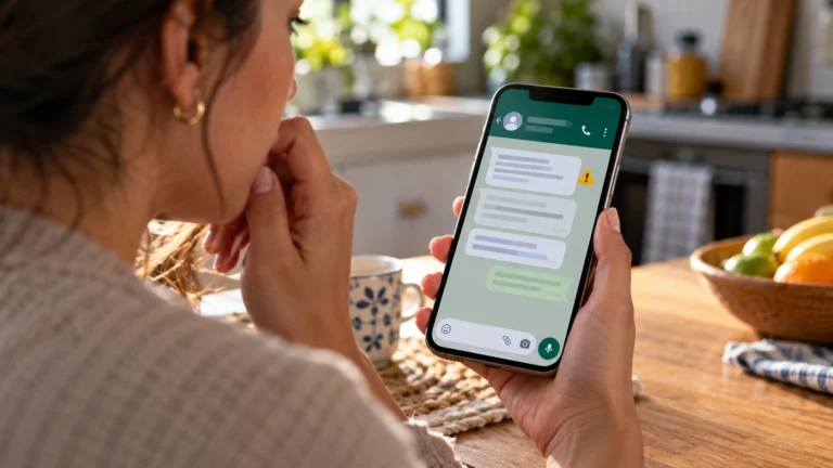 Pessoa observa uma mensagem suspeita em um celular com interface ilustrativa de conversa