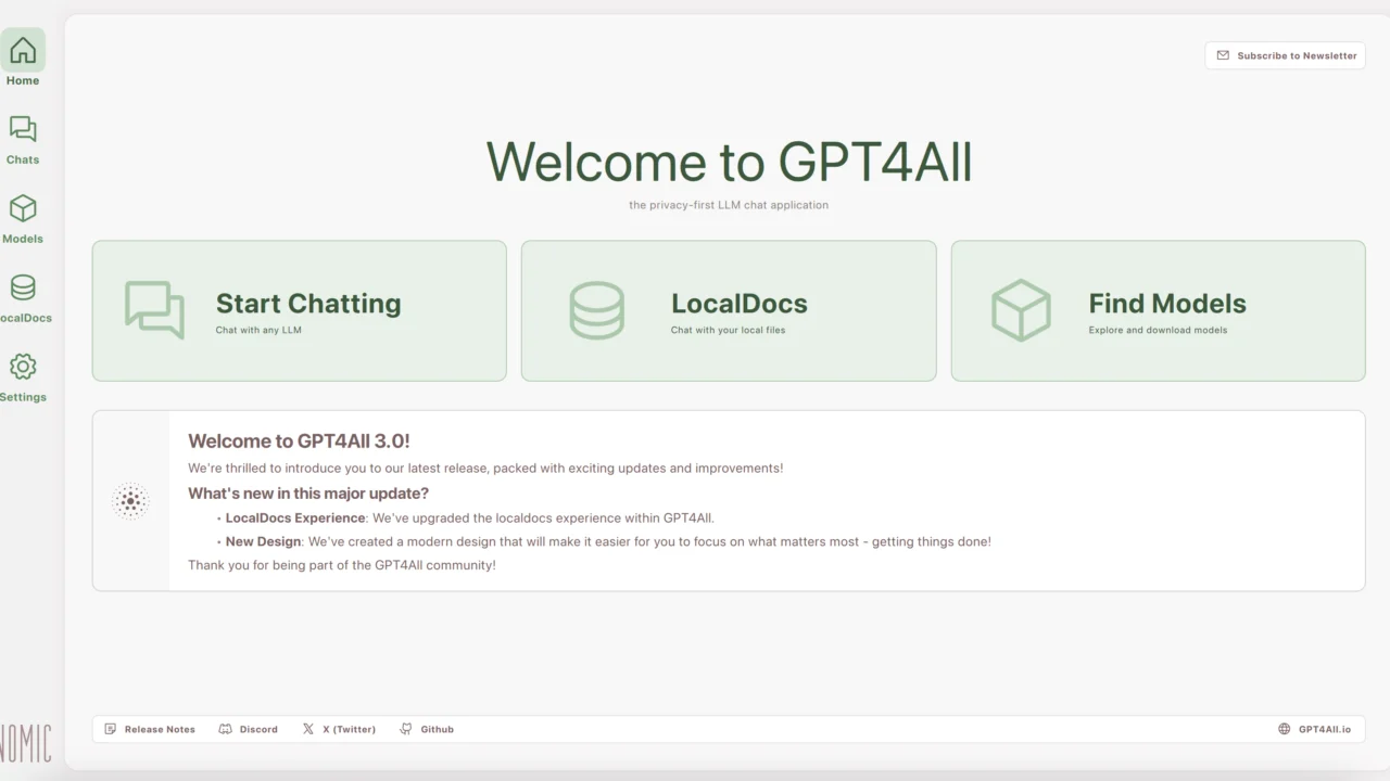 Tela inicial do GPT4All mostrando os recursos de conversa, LocalDocs e busca de modelos