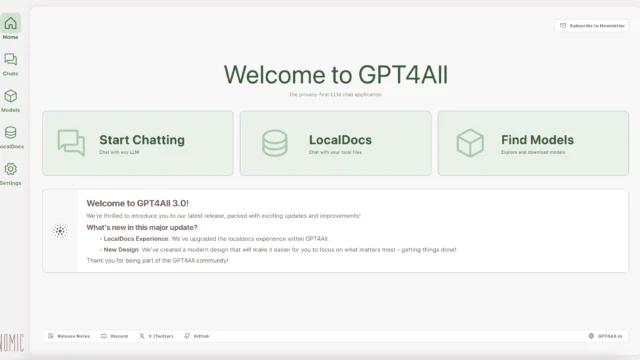 Tela inicial do GPT4All mostrando os recursos de conversa, LocalDocs e busca de modelos