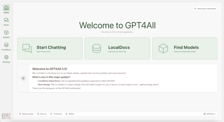 Tela inicial do GPT4All mostrando os recursos de conversa, LocalDocs e busca de modelos